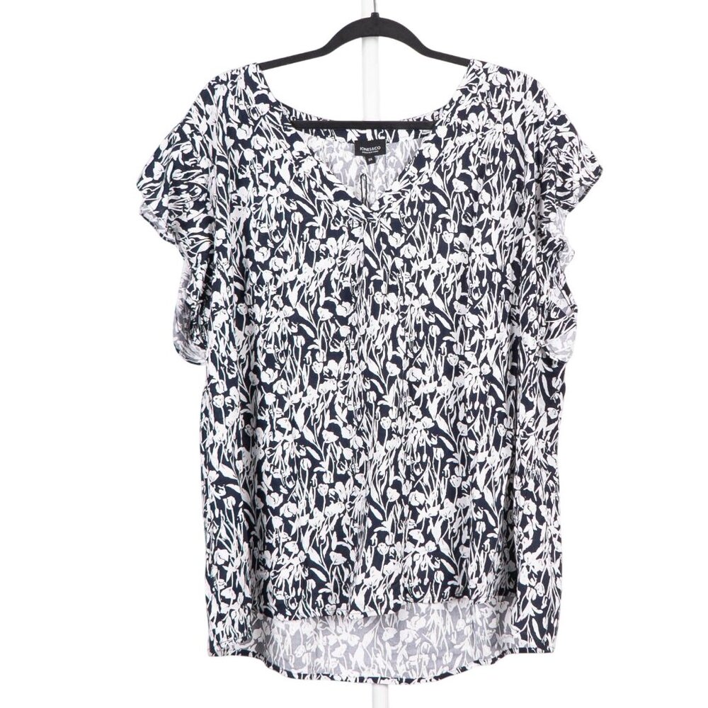 Jones & Co VNeck Blouse 3X Womens NEW Shirt Floral Blue White Ruffle Sleeve